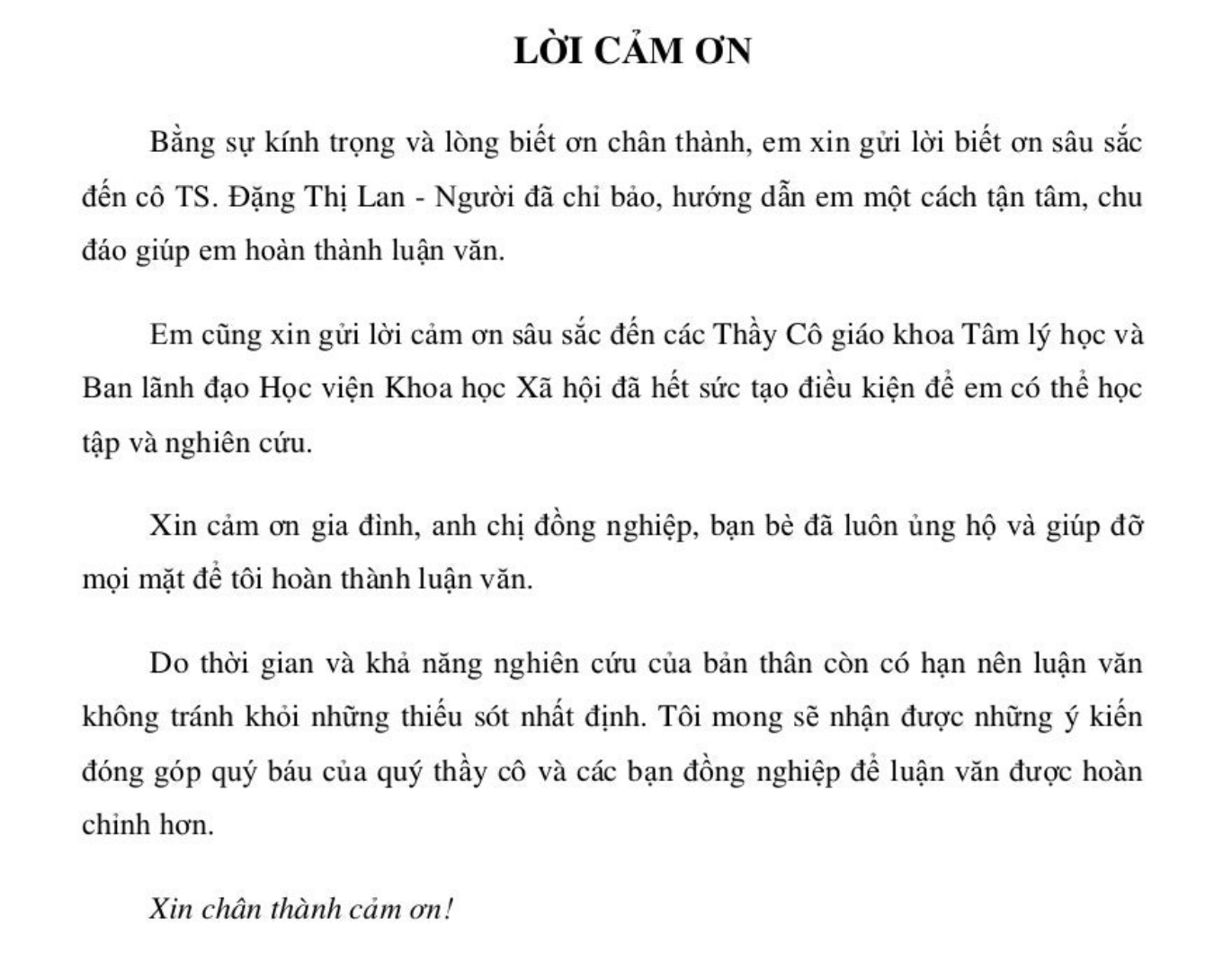 Lời cảm ơn luận văn thạc sĩ tâm lý học