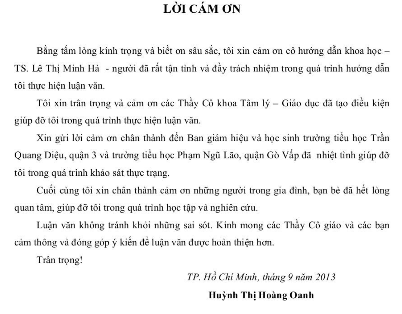 Lời cảm ơn luận văn thạc sĩ tâm lý học