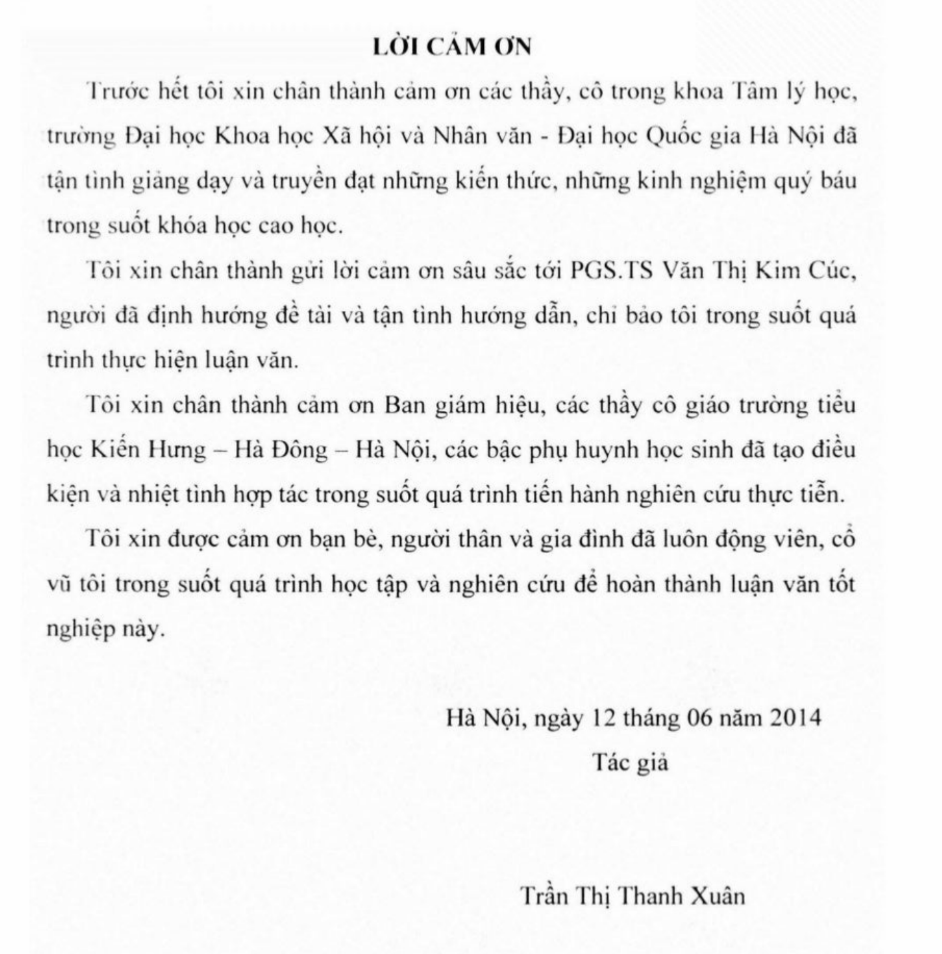 Lời cảm ơn luận văn thạc sĩ tâm lý học
